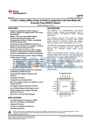 BQ24735RGRT datasheet - 1-4 Cell Li Battery SMBus Charge Controller for Supporting Turbo Boost Mode with N-Channel Power MOSFET Selector