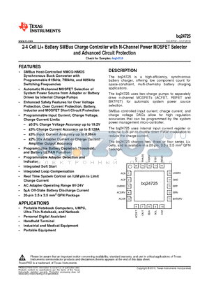 BQ24725RGRR datasheet - 2-4 Cell Li Battery SMBus Charge Controller with N-Channel Power MOSFET Selector and Advanced Circuit Protection