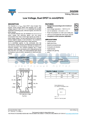 DG2599 datasheet - Low Voltage, Dual DPDT in miniQFN16