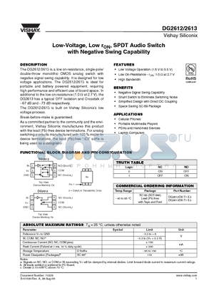 DG2612 datasheet - Low-Voltage, Low rON, SPDT Audio Switch with Negative Swing Capability