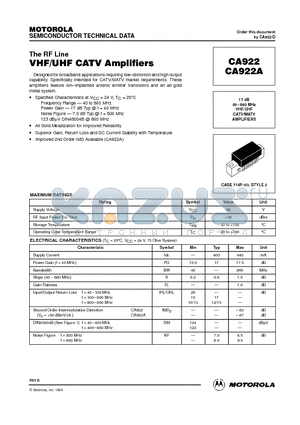 CA922 datasheet - 17 dB 40-860 MHz VHF/UHF CATV/MATV AMPLIFIERS