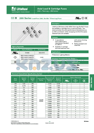 0209001.DRT1P datasheet - 209 Series Lead-Free 2AG, Slo-Blo^ (Time-Lag) Fuse