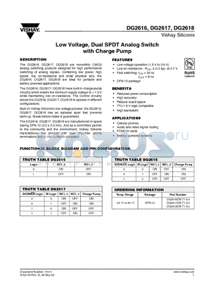 DG2616 datasheet - Low Voltage, Dual SPDT Analog Switch with Charge Pump