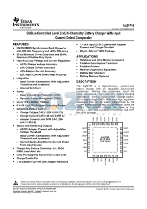BQ24745RHDT datasheet - SMBus-Controlled Level 2 Multi-Chemistry Battery Charger With Input Current Detect Comparator
