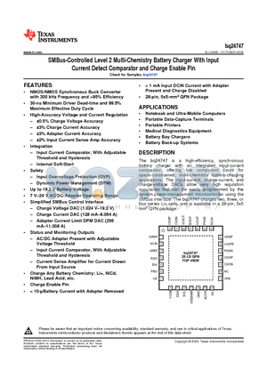 BQ24747 datasheet - SMBus-Controlled Level 2 Multi-Chemistry Battery Charger With Input Current Detect Comparator and Charge Enable Pin