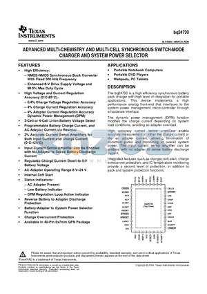 BQ24730RGFR datasheet - ADVANCED MULTI-CHEMISTRY AND MULTI-CELL SYNCHRONOUS SWITCH-MODE CHARGER AND SYSTEM POWER SELECTOR