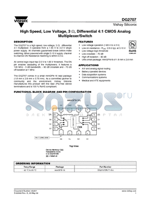 DG2707 datasheet - High Speed, Low Voltage, 3 Y, Differential 4:1 CMOS Analog Multiplexer/Switch