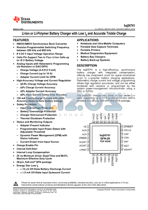 BQ24741 datasheet - Li-Ion or Li-Polymer Battery Charger with Low Iq and Accurate Trickle Charge