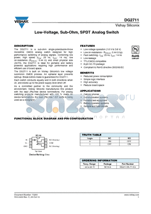 DG2711 datasheet - Low-Voltage, Sub-Ohm, SPDT Analog Switch