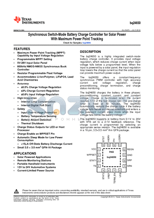 BQ24650 datasheet - Synchronous Switch-Mode Battery Charge Controller for Solar Power With Maximum Power Point Tracking
