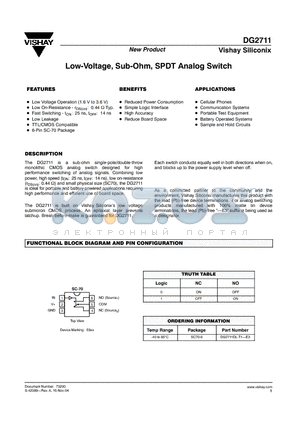 DG2711DL-T1-E3 datasheet - Low-Voltage, Sub-Ohm, SPDT Analog Switch