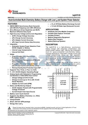 BQ24751BRHDRG4 datasheet - Host-Controlled Multi-Chemistry Battery Charger with Low Iq and System Power Selector