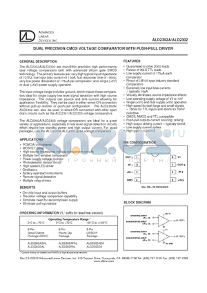 ALD2302DA datasheet - DUAL PRECISION CMOS VOLTAGE COMPARATOR WITH PUSH-PULL DRIVER