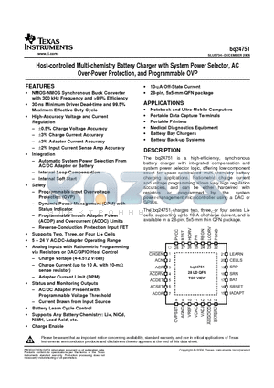 BQ24751RHDR datasheet - Host-controlled Multi-chemistry Battery Charger with System Power Selector, AC Over-Power Protection, and Programmable OVP