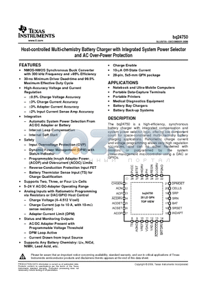 BQ24750 datasheet - Host-controlled Multi-chemistry Battery Charger with Integrated System Power Selector and AC Over-Power Protection