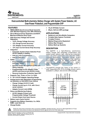 BQ24751RHDT datasheet - Host-controlled Multi-chemistry Battery Charger with System Power Selector, AC Over-Power Protection, and Programmable OVP