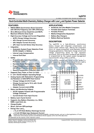 BQ24753 datasheet - Host-Controlled Multi-Chemistry Battery Charger with Low Iq and System Power Selector