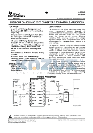 BQ25015 datasheet - SINGLE-CHIP CHARGER AND DC/DC CONVERTER IC FOR PORTABLE APPLICATIONS