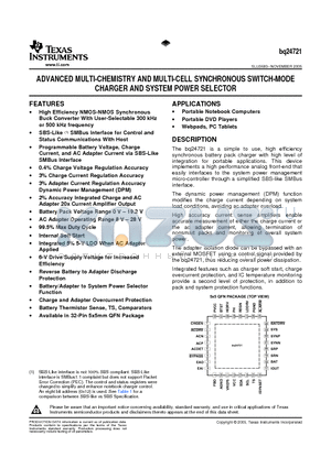 BQ24721RHBT datasheet - ADVANCED MULTI-CHEMISTRY AND MULTI-CELL SYNCHRONOUS SWITCH-MODE CHARGER AND SYSTEM POWER SELECTOR