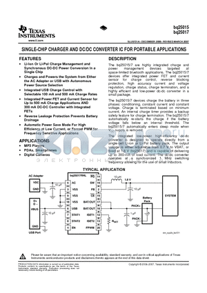 BQ25015RHLTG4 datasheet - SINGLE-CHIP CHARGER AND DC/DC CONVERTER IC FOR PORTABLE APPLICATIONS