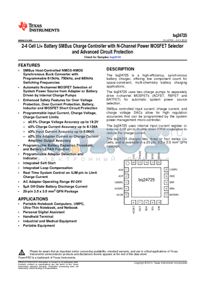 BQ24725 datasheet - 2-4 Cell Li Battery SMBus Charge Controller with N-Channel Power MOSFET Selector and Advanced Circuit Protection