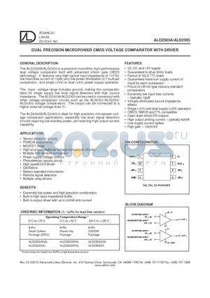 ALD2303APAL datasheet - DUAL PRECISION MICROPOWER CMOS VOLTAGE COMPARATOR WITH DRIVER