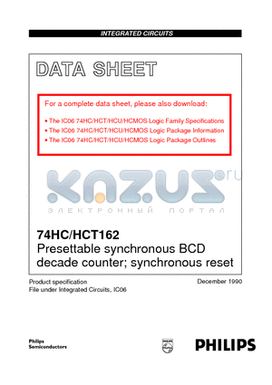 74HCT162 datasheet - Presettable synchronous BCD decade counter; synchronous reset