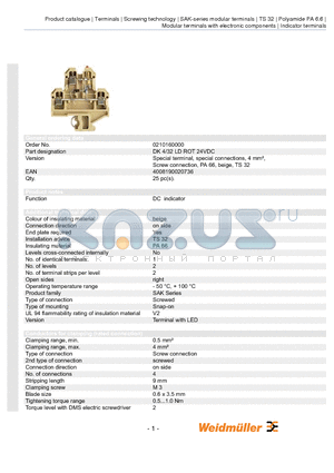 0210160000 datasheet - Special terminal, special connections, 4 mmb, Screw connection, PA 66, beige, TS 32