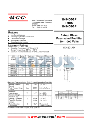 1N5404GP datasheet - 3 Amp Glass Passivated Rectifier 50 - 1000 Volts