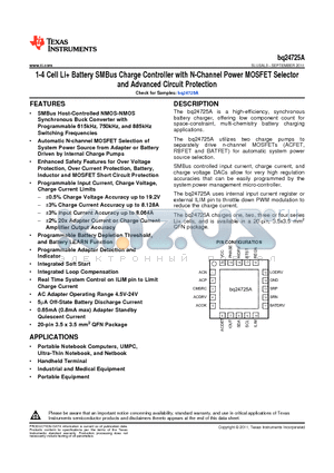 BQ24725ARGRT datasheet - 1-4 Cell Li Battery SMBus Charge Controller with N-Channel Power MOSFET Selector and Advanced Circuit Protection