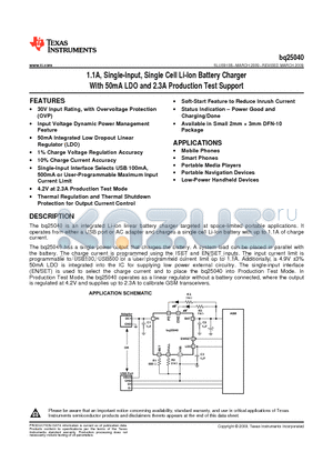 BQ25040 datasheet - 1.1A, Single-Input, Single Cell Li-Ion Battery Charger With 50mA LDO and 2.3A Production Test Support