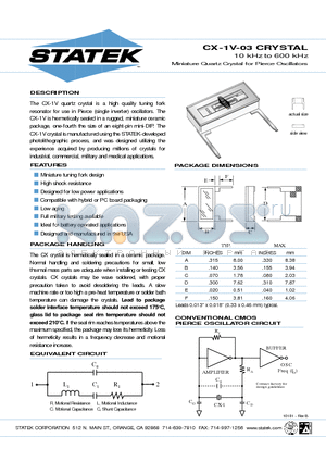 CX-1V-03 datasheet - Miniature Quartz Crystal for Pierce Oscillators