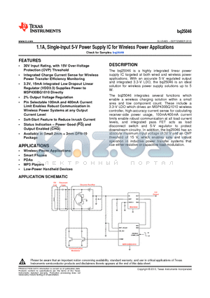 BQ25046 datasheet - 1.1A, Single-Input 5-V Power Supply IC for Wireless Power Applications