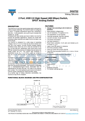 DG2722DN-T1-E4 datasheet - 2 Port, USB 2.0 High Speed (480 Mbps) Switch, DPDT Analog Switch