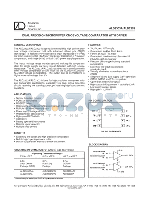 ALD2303SAL datasheet - DUAL PRECISION MICROPOWER CMOS VOLTAGE COMPARATOR WITH DRIVER