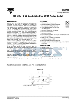 DG2723 datasheet - 700 MHz, - 3 dB Bandwidth; Dual SPDT Analog Switch