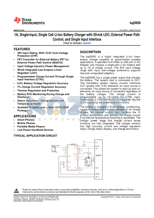 BQ25050 datasheet - 1A, Single-Input, Single Cell Li-Ion Battery Charger with 50-mA LDO, External Power Path