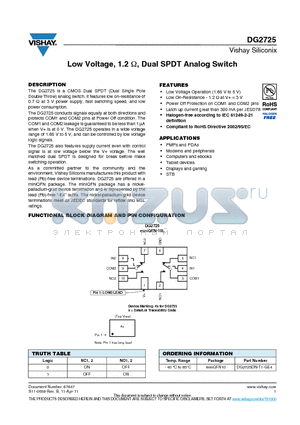 DG2725 datasheet - Low Voltage, 1.2ohm, Dual SPDT Analog Switch