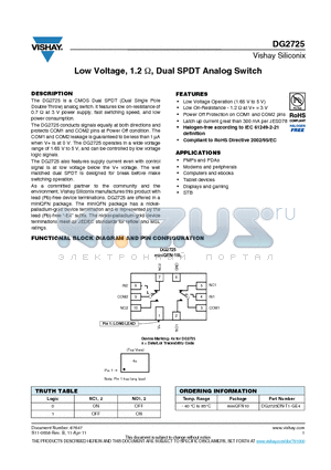 DG2725DN-T1-GE4 datasheet - Low Voltage, 1.2ohm, Dual SPDT Analog Switch