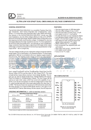 ALD2321BDC datasheet - ULTRA LOW VOS EPAD^ DUAL CMOS ANALOG VOLTAGE COMPARATOR