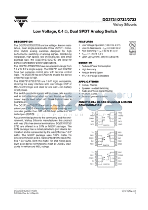 DG2731DQ-T1-E3 datasheet - Low Voltage, 0.4 Y, Dual SPDT Analog Switch