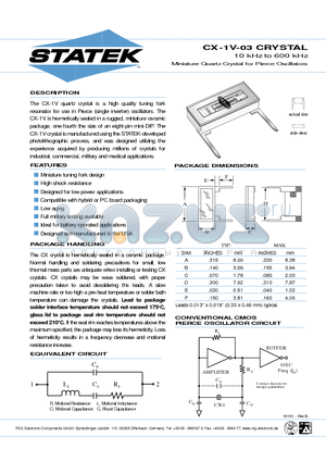 CX-1VS-03 datasheet - 10 kHz to 600 kHz Miniature Quartz Crystal for Pierce Oscillators