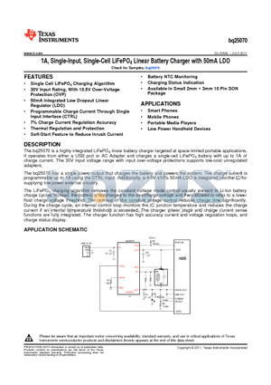 BQ25070 datasheet - 1A, Single-Input, Single-Cell LiFePO4 Linear Battery Charger with 50mA LDO