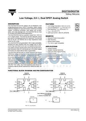 DG2736 datasheet - Low Voltage, 0.6 Y, Dual SPDT Analog Switch