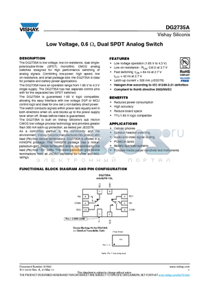 DG2735A datasheet - Low Voltage, 0.6ohm, Dual SPDT Analog Switch