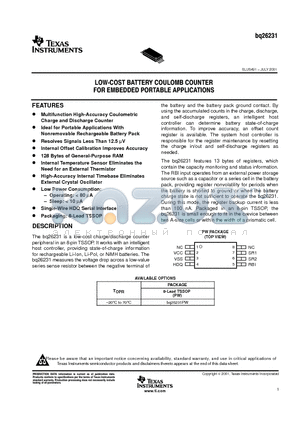 BQ26231 datasheet - LOW COST BATTERY COULOMB COUNTER FOR EMBEDDED PORTABLE APPLICATIONS