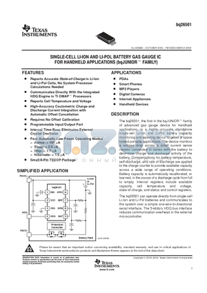BQ26501PW datasheet - SINGLE CELL LIION AND LIPOL BATTERY GAS GAUGE IC FOR HANDHELD APPLICATIONS