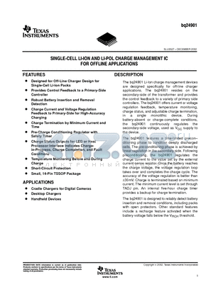 BQ24901PW datasheet - SINGLE-CELL LI-ION AND LI-POL CHARGE MANAGEMENT IC FOR OFFLINE APPLICATIONS