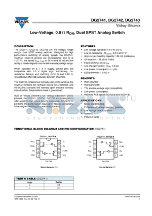 DG2741 datasheet - Low-Voltage, 0.8ohm RON, Dual SPST Analog Switch