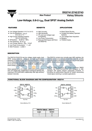 DG2741DQ-T1 datasheet - Low-Voltage, 0.8-ohm rON, Dual SPST Analog Switch